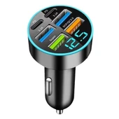 240W Araç Şarj Cihazı - 2PD + 4USB Dijital Ekran Süper Hızlı Şarj - Siyah - 1