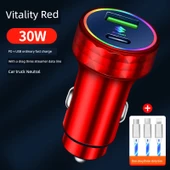 Canlı Kırmızı 30W Standart Şarj + Üçü Bir Arada Renkli Data Kablolu Araç Şarj Cihazı thumbnail 1