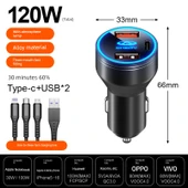 Chery Araç Şarj Cihazı - 120W Süper Hızlı Şarj Alaşım Siyah + Üçü Bir Arada Hızlı Şarj Kablosu - 1