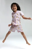 Toontoy Kız Çocuk Komple Baskılı  Düğmeli Şortlu Pijama Takım - 4