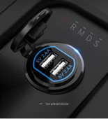 Elektrikli Araç USB Şarj Aleti - Çift QC Hızlı Şarj - Lamba Halkası Mavi - Metal Siyah Gövde +2m Adaptör - 10