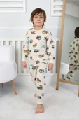 Transportation Veichle Desenli Çocuk Pijama Takımı (Alt-Üst) Bej 3-8 Yaş - 1