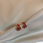 18K Altın Kaplama Kırmızı Yılbaşı Çapraz Küpe - Kırmızı Haç - 1