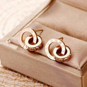 Çift Halkalı Elmas Küpe - 18K Rose Altın Kaplama - Rose Altın - 1
