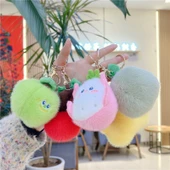 Sevimli Vizon Tüylü Meyve Sebze Peluş Bebek Kolye Anahtarlık - Vizon Yeşil Elma, 8-14cm Altın Metal Tokalı - 8