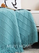 İskandinav Retro Yatak Örtüsü - Zencefil Sarısı - 130cm x 230cm - Püsküllü - 6