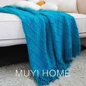 İskandinav Retro Yatak Örtüsü - Tavus Kuşu Mavisi - 130cm x 230cm - Püsküllü - 1