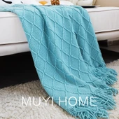İskandinav Retro Yatak Örtüsü - Gök Mavisi - 130cm x 260cm - Püsküllü - 1