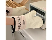 Mutfak Isı Yalıtımlı Silikon Eldiven - Küçük Çiçekli Krem Beyaz Kanvas - 8