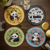 Dev Panda Çiçek Desenli Bardak Altlığı - Deri - 17cm - 4 Adet - Saklama Standlı - 8