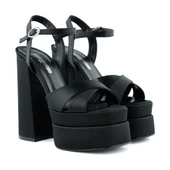 Erkan Saçmacı Whitney Siyah Saten Arkası Açık Çift Platformlu Bantlı Kalın Topuklu Abiye Ayakkabı - 3