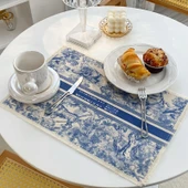 Pamuklu Keten Restoran Masa Örtüsü - Okyanus Mavi ve Beyaz D Home 43cmx29cm - 1