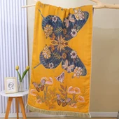 Pamuklu Gazlı Kanepe Örtüsü - Püsküllü Sarı Kelebek Desenli - 80x160cm - 1