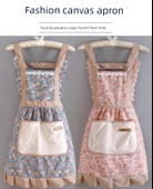 Çiçek Desenli Kanvas Mutfak Önlüğü - El Silme - Mavi thumbnail 7