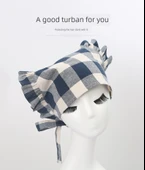 Yağa Dayanıklı Mutfak Önlüğü Seti - Üçgen Türban, Çiçek Desenli, Büyük Dantel, Lacivert thumbnail 7