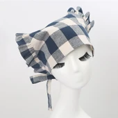 Yağa Dayanıklı Mutfak Önlüğü Seti - Üçgen Türban, Çiçek Desenli, Büyük Dantel, Lacivert thumbnail 2