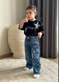 KIZ ÇOCUK YILDIZ MODELLİ KOT PANTOLONLU PAMUK TAKIM - 2