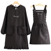 Uzun Kollu Kore Stili Kadın Önlük Elbise - Kanvas Uzun Kollu Küçük Puantiyeli Kalp Desenli (Siyah) + Önlük thumbnail 6