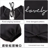 Uzun Kollu Kore Stili Kadın Önlük Elbise - Kanvas Uzun Kollu Küçük Puantiyeli Kalp Desenli (Siyah) + Önlük thumbnail 3