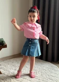 KIZ ÇOCUK KOT ŞORT ETEKLİ KALP DETAYLI GÖMLEKLİ TAKIM - 2