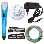 Mavi Renk 3D Kalem + 3 Renk Toplam 10 Metre Pla Filament + Şablon - 1