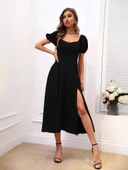 Kadın kısa kollu kare yakalı yırtmaçlı midi janjan krep elbise - 7