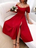 Kadın kısa kollu kare yakalı yırtmaçlı midi janjan krep elbise - 6