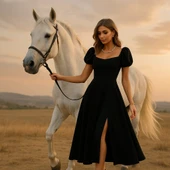 Kadın kısa kollu kare yakalı yırtmaçlı midi janjan krep elbise - 4