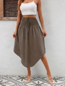 Kadın yüksek bel belden bağlamalı asimetrik kesim detaylı sandy etek - 9