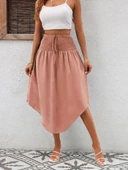 Kadın yüksek bel belden bağlamalı asimetrik kesim detaylı sandy etek - 6