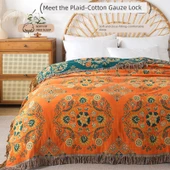 Pamuklu Nordic Stil Turuncu Çiçekli Püsküllü Kanepe Örtüsü/Yazlık Battaniye - 150x200cm - 3
