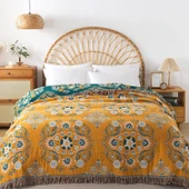 Pamuklu Nordic Stil Turuncu Çiçekli Püsküllü Kanepe Örtüsü/Yazlık Battaniye - 150x200cm - 2