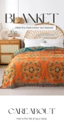 Pamuklu Nordic Stil Turuncu Çiçekli Püsküllü Kanepe Örtüsü/Yazlık Battaniye - 150x200cm - 7
