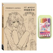 Çizgi Roman Karakter Çizim Kitabı - Çocuk Çizgi Film Desenli Erkek ve Kız + 12 Renkli Markör - 1