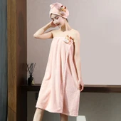 Straplez Pamuklu Banyo Havlu Elbisesi - Alice Banyo Eteği 2'li Buzağı Tozu (Banyo Eteği + Saç Bonesi) 150x85cm thumbnail 1