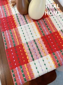 Kırmızı Beyaz Ekose Pamuklu Masa Örtüsü - Püsküllü 32x120cm - 5