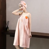 Straplez Pamuklu Banyo Havlu Elbisesi - Alice Banyo Eteği 2'li Turuncu Tozu (Banyo Eteği + Saç Bonesi) 150x85cm - 1