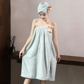 Straplez Pamuklu Banyo Havlu Elbisesi - Alice Banyo Eteği 2'li Buzağı Yeşil (Banyo Eteği + Saç Bonesi) 150x85cm - 1