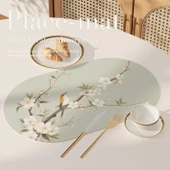 Oval Deri Amerikan Servis - Çiçek ve Kuş Desenli 102 - 30x50cm - 9