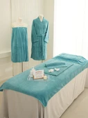 Nano Kadife Tavus Kuşu Mavisi Beşli Set (Üçlü Set + Banyo Eteği + Çarşaf) - 6