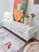 Beyaz Çiçekli Pamuklu Keten Mobilya Örtüsü - Saçaklı - 40x180cm - 4