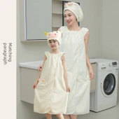 Giyilebilir Banyo Havlu Eteği - Bej (Desenli) - Banyo Eteği + Saç Bonesi - 1