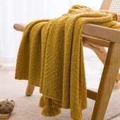 İskandinav Retro Püsküllü Dokuma Battaniye - Zencefil Sarısı Püskül - 110cm*150cm - 1