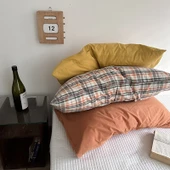 Leke Tutmaz Pamuklu Gingham Desenli Yastık Kılıfı 48x74cm - Karamel (Yıkanmış Pamuk) - 2