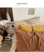 Leke Tutmaz Pamuklu Gingham Desenli Yastık Kılıfı 48x74cm - Karamel (Yıkanmış Pamuk) - 9