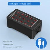 15 Port 100W USB Şarj Aleti Fanlı ABS Kasa + 10 Type-C Kablo - 1