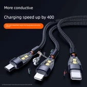 120W Süper Hızlı Şarj 3'ü 1 Arada Data Kablosu - 2m Siyah Kristal Kaplama - 3