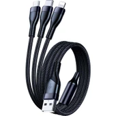 120W Süper Hızlı Şarj 3'ü 1 Arada Data Kablosu - 2m Siyah Kristal Kaplama - 4