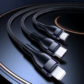 120W Süper Hızlı Şarj 3'ü 1 Arada Data Kablosu - 2m Siyah Kristal Kaplama - 2