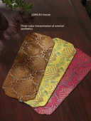 Çin Tarzı Brokar Çay Matı - Mor Yasak Renkli-Kırmızı - Bardak Altlığı 9x9cm - 3